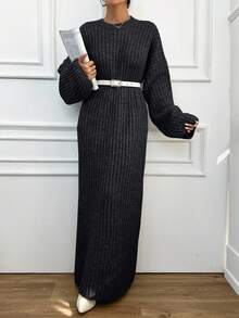 EURMUSE Women's Casual Solid Color Round Neck Long Sleeve Sweater Dress - Dark Grey - View 6