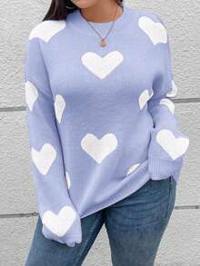 SHEIN Cottnline Plus Size Women Heart Pattern Crew Neck Long Sleeve Casual Pullover Sweater - Blue and White - View 5