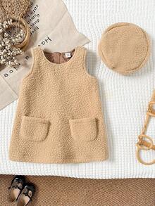 Vestido de niña con chaleco y boina, de estilo retro elegante y casual versátil para exteriores, de tela de calabaza camel, con cuello redondo, cremallera, sin puños y bolsillo, en estilo de otoño e invierno, cálido para el exterior, para uso diario - Caqui - Ver 4