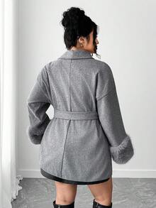SHEIN Elenzya 大码女士优雅长袖流苏系带外套，秋冬款 - 灰色 - 查看 2