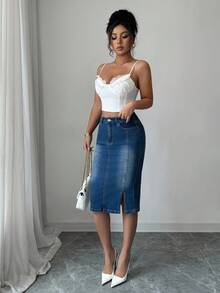 Siren Gaze 牛仔裙 牛仔裙 女式休闲修身牛仔铅笔裙，及膝，有弹性，蓝色 - 藍色 - 查看 3