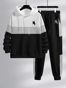 Manfinity Homme Set di felpa con cappuccio e pantaloni della tuta con colori a contrasto e patchwork da uomo