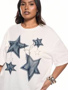 SHEIN EZwear 大码女式五角星图案圆领短袖宽松大码 T 恤，夏季休闲套头衫