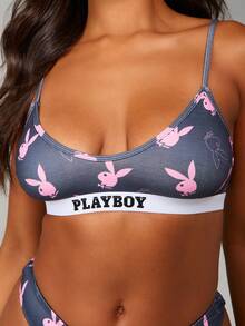Missguided x Playboy Signature Bunny Print Triangle Bralette With Elastic Band And Spaghetti Strap - Multicolor - View 5