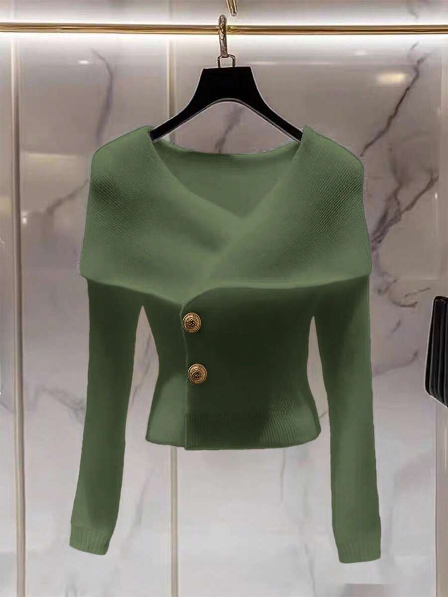 SHEIN LUNE 女式简约时尚十字领纯色插肩袖金属纽扣修身开衫 - 軍綠色 - 查看 1