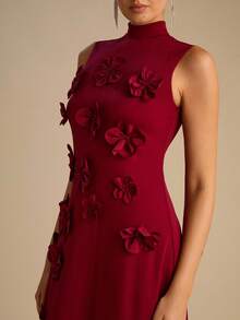 Enchnt Rochie romantică vișinie, fără mâneci, cu ornamente florale 3D, perfectă pentru toamnă și iarnă. Elegantă și stilată, este potrivită pentru petreceri, întâlniri, sărbători, absolviri, ieșiri în oraș, Halloween, Crăciun și alte ocazii. (Ținute de toamnă pentru femei, costume de toamnă, carnaval, ținute de Revelion pentru femei) - roșu - Vizualizare 4