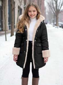 SHEIN 青少年女孩休闲棉衣，带保暖衬里，撞色蓬松装饰兜帽，腰部抽绳，口袋，中长款，黑色，适合秋冬季 - 黑色 - 查看 6