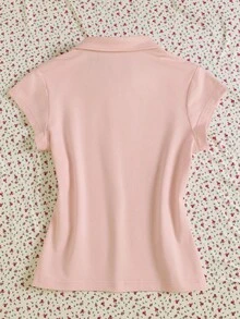 Rina Fox 女式字母印花 Polo 领短袖休闲 T 恤 - 藕粉色 - 查看 2