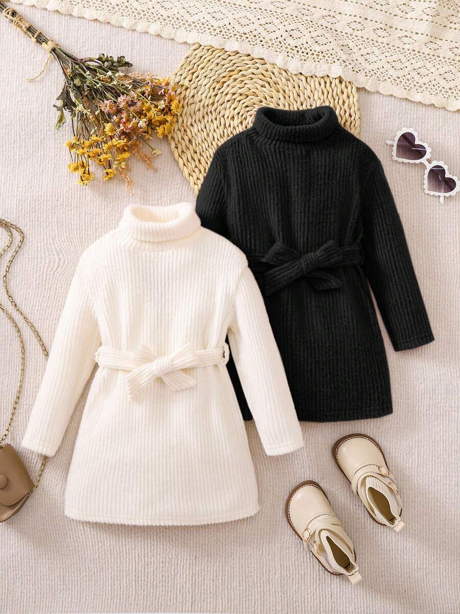 SHEIN 2 件套女婴针织长袖高领宽松连衣裙，适合外出和聚会，秋冬季 - 黑色 - 查看 1