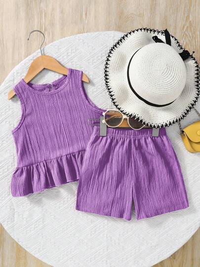 SHEIN Set de 2 piezas con top sin mangas de cuello redondo y pantalones cortos sueltos de unicolor tejido para niña joven