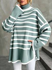 EURMUSE Striped Pattern Turtleneck Drop Shoulder Sweater - Green - View 5