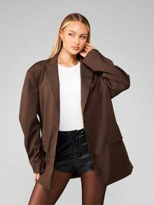 MISSGUIDED Blazer a righe oversize da donna, abbigliamento casual da ufficio, indossabile in ambiente professionale, adatto per l'autunno e l'inverno, con maniche lunghe e struttura, abbigliamento da lavoro aziendale - Caffè Marrone - Visualizzare 4