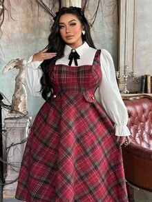 Lyrianda Christmas Plus Size Women's Turndown Collar Half-Open Front Shirt Collar 2 In 1 Red Plaid Contrast Color Button Elegant Retro Casual Midi A-Line Dress