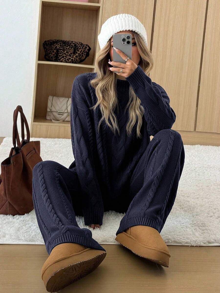 SHEIN EZwear 藏蓝色纯色圆领长袖休闲毛衣和裤子两件套，加大码 - 藏蓝色 - 查看 1