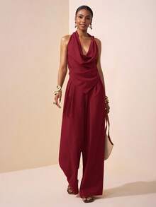 Zivah 2025 春夏新款音乐节、复活节、圣帕特里克节、西部风、游牧风、生日派对、毕业典礼、学院风、学生风、休闲风、日常穿着、百搭风、休闲风、邮轮旅行、海滩风、日光浴风、网络热卖风、街头风、婚礼宾客波西米亚风、通勤风、早午餐风、机场装 - 棕色纹理面料不对称结饰设计尖头上衣、喇叭领上衣和阔腿裤套装 - 酒紅色 - 查看 4