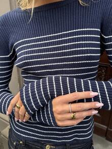 Pariaura Damen eleganter französischer Stil Bindedetail Cut Out Gestreift Langarm Pullover, Herbst - Schwarz und Weiss - Übersicht 5