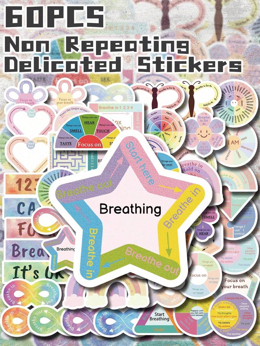 60 件 Mindful&Breathe 主题贴纸不重复精致装饰适用于节日礼物庆祝派对和家居装饰生日礼物滑板行李笔记本手账水瓶 - 彩色 - 查看 1