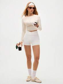 SHEIN Sports 女式纯色褶皱修身长袖运动 T 恤，春/秋 - 杏色 - 查看 6