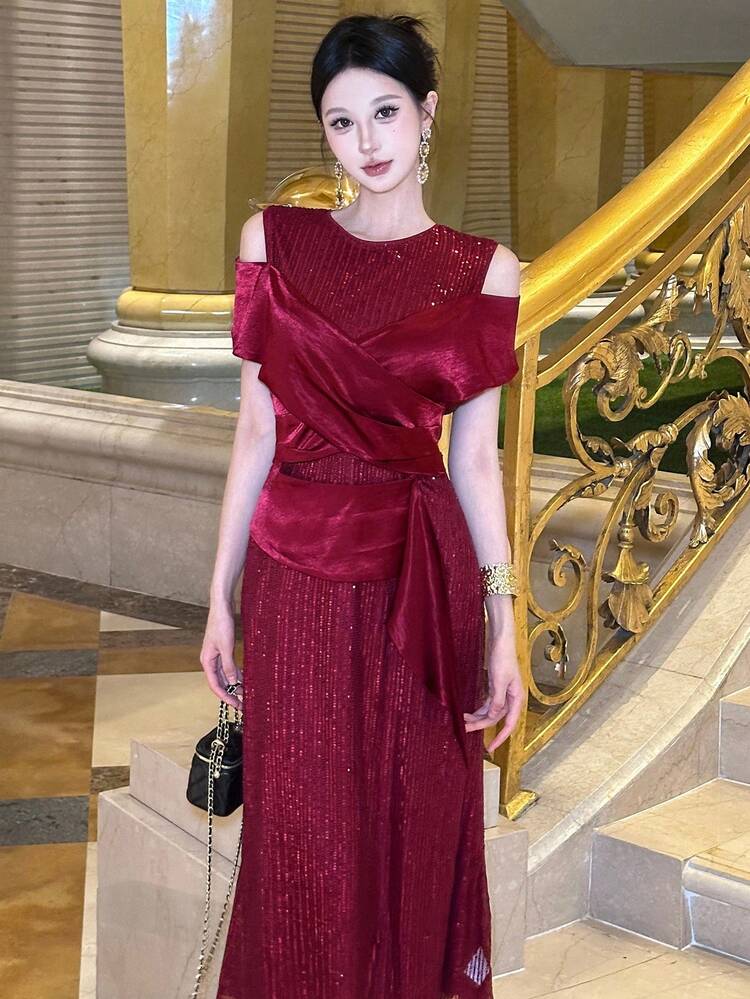 Women's Solid Color Sequin Patchwork Wrap Elegant Short Sleeve Dress Red Women Dresses Prom Dress Christmas New Years Women Outfit Carnival Sparkly Dress Cocktail Dress