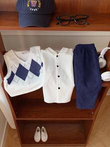 SHEIN 3pcs Baby Boy Casual Argyle Vest,White Shirt,Blue Pants Outfit,Blue And White Striped,Autumn,Casual,Matching Family,Back-To-School,Birthday,Wedding - Navy Blue - View 2