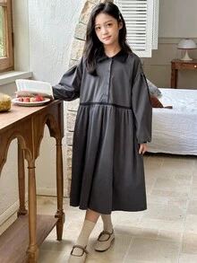 DAZY Tween Girls Collared Long Sleeve Dress - Grey - View 1
