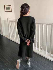 DAZY 少女蝴蝶结装饰落肩长袖针织开衫和针织迷你裙套装，秋冬季 - 黑色 - 查看 5