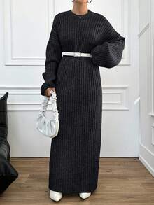 EURMUSE Women's Casual Solid Color Round Neck Long Sleeve Sweater Dress - Dark Grey - View 5