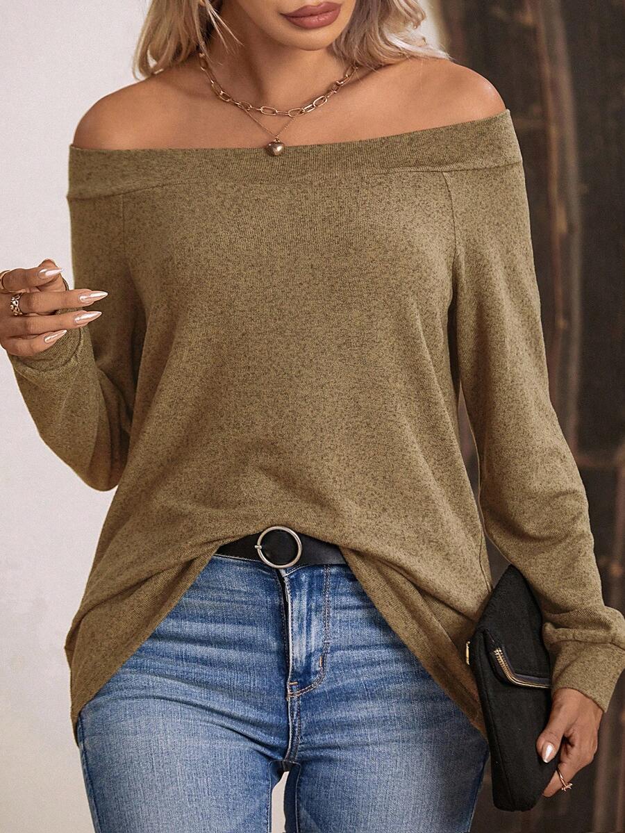 EMERY ROSE 女式露肩长袖宽松T恤，时尚休闲 - 卡其色 - 查看 1