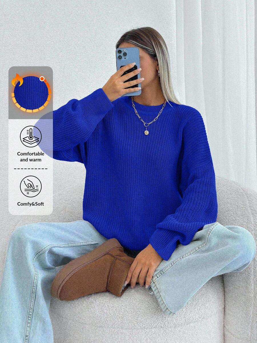 Women Solid Color Round Neck Drop Shoulder Chunky Pullover - Royal Blue - View 1