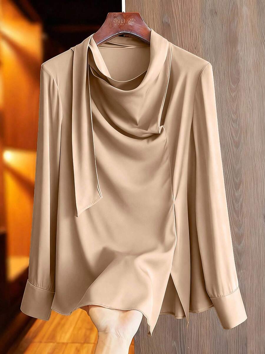 GlowEve Blouse élégante à manches longues et fluide de couleur champagne, coupe ample, pour le travail - Champagne - Voir 1