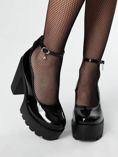 Women's Closed Toe Cross-Strap Mary Jane Shoes, Punk Goth Platform Thick Heel One-Strap Buckle Strap JK Uniform Shoes, Waterproof Work Heels