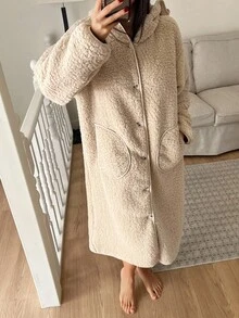 DAZY 女士加厚抓绒连帽长袍，冬季保暖蓬松 - 駝色 - 查看 5