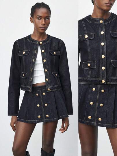 Maija 女士圆领前扣长袖时尚牛仔夹克