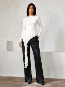 Islaluna Blusa de manga larga con cuello redondo elegante de punto, con adornos de strass y volante asimétrico en el bajo para mujer