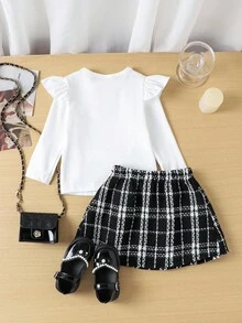 SHEIN Playful Pals Baby Mädchen gestricktes Top mit Rüschenärmeln und Rundhalsausschnitt und elegantes Rockteil Set, Herbst/Winter Baby Mädchen karierter Rock, Baby Mädchen süßer Rock, Kleinkind karierter Rock, Baby Mädchen Rockteil Set, Baby Mädchen Spitze Schleife Rock