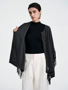 Aalyst Chaqueta sin mangas con cuello de chal, cierre de cremallera y decoración con flecos, de estilo gótico vintage para mujer. Tela suave y de alta gama, adecuada para uso casual, de commute, al aire libre y de fiesta en otoño/invierno - Gris Oscuro - Ver 5