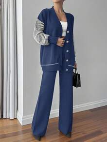 EURMUSE Casual Colorblock Striped Patchwork Cardigan And Knit Pants Set, Autumn/Winter - Navy Blue - View 4