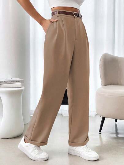 Almamuse Pantalones de traje con bolsillos y dobladillo plisado de unicolor sin estiramiento, estilo francés para mujer