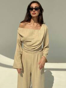 Aloruh 2 件套女士简约通勤褶皱肩喇叭袖衬衫 + 阔腿长裤套装 - 杏色 - 查看 7