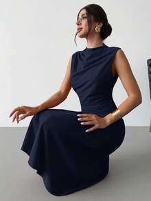 Firerie 女士优雅简约精致浪漫甜美日常通勤婚礼派对音乐节度假褶皱A字迷你连衣裙，红色吊带，婚礼宾客礼服 - 藏蓝色 - 查看 1