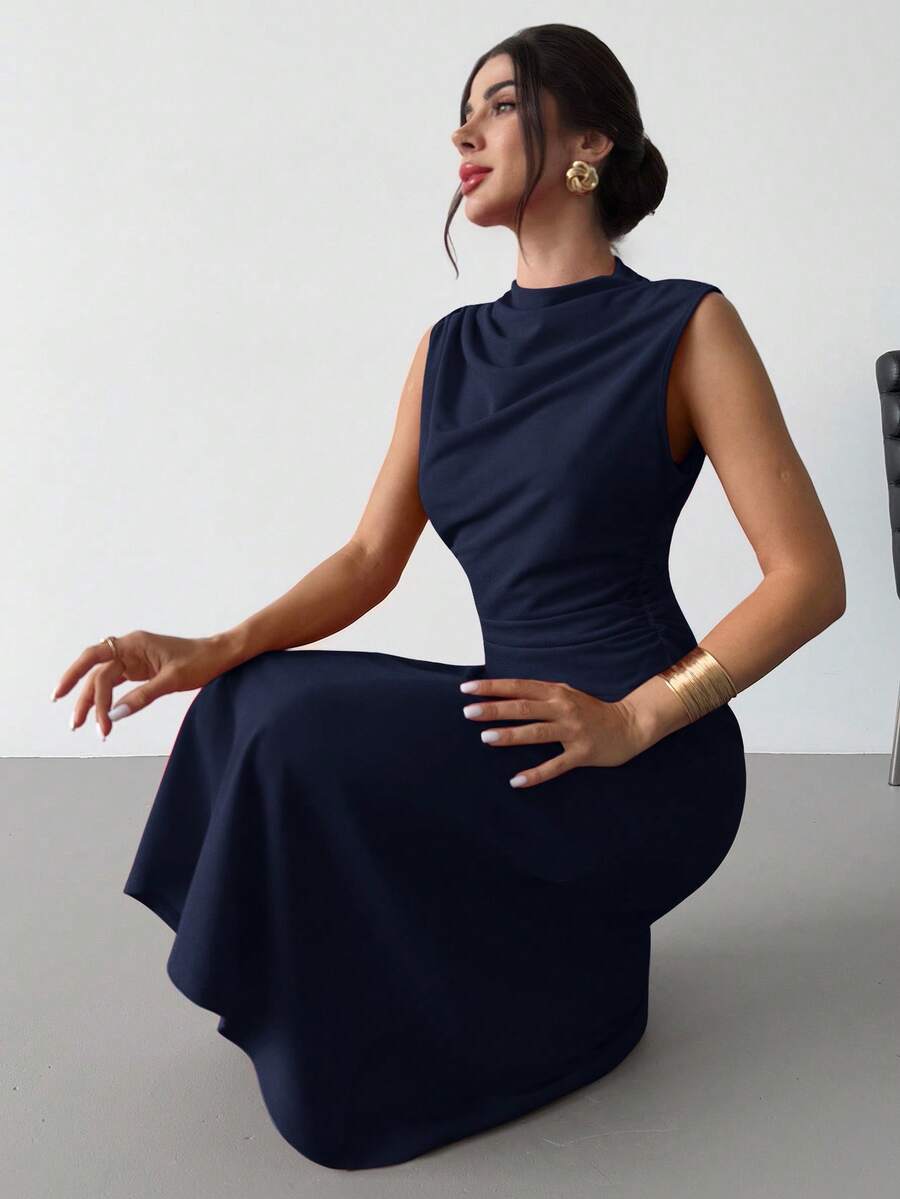 Firerie 女士优雅简约精致浪漫甜美日常通勤婚礼派对音乐节度假褶皱A字迷你连衣裙，红色吊带，婚礼宾客礼服 - 藏蓝色 - 查看 1