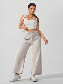 SHEIN ICON Quần jean ống đứng cạp chun viền tua rua cỡ lớn cho nữ, màu xám nhạt - Màu be - Xem 3