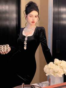 DAZY 女士优雅蕾丝拼布蝴蝶结天鹅绒中长连衣裙，秋季舞会礼服 - 黑色 - 查看 5