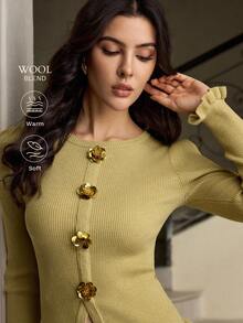 ZEYLAH Elegant French Style Women Sweater With Floral Lace 3D Decor - Gold - View 1