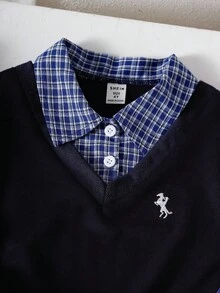 SHEIN 2 件套幼儿男童刺绣二合一 Polo 领长袖上衣和裤子，时尚户外街头服饰 - 寶藍色 - 查看 3