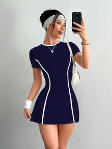 Dewbera Vestido Esportivo Branco de Manga Curta com Shorts e Bolso para Celular, Ajuste Slim, para Treino de Tênis Feminino - Azul Marinho - Visão 5