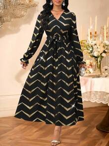 SHEIN Lady Casual Cinched Waist Cinched Waist V-Neck Long Sleeve Dress For Women