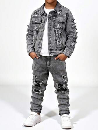 SHEIN Vintage Street Style 2 Pieces Outfit For Older Boys, Includes Denim Jacket With Distressed Design And Classic Collar & Button Details, Paired With Distressed Denim Jeans. Comfortable, Fashionable Fit Suitable For Casual Outings, School, Vacation And More. Helps Your Child Become A Stylish Trendsetter. Fall Winter