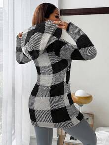 SHEIN EZwear 女式休闲拉链格子毛绒连帽夹克，秋季 - 黑色 - 查看 2