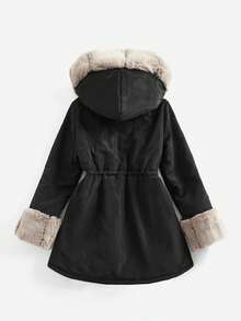 SHEIN 青少年女孩休闲棉衣，带保暖衬里，撞色蓬松装饰兜帽，腰部抽绳，口袋，中长款，黑色，适合秋冬季 - 黑色 - 查看 14